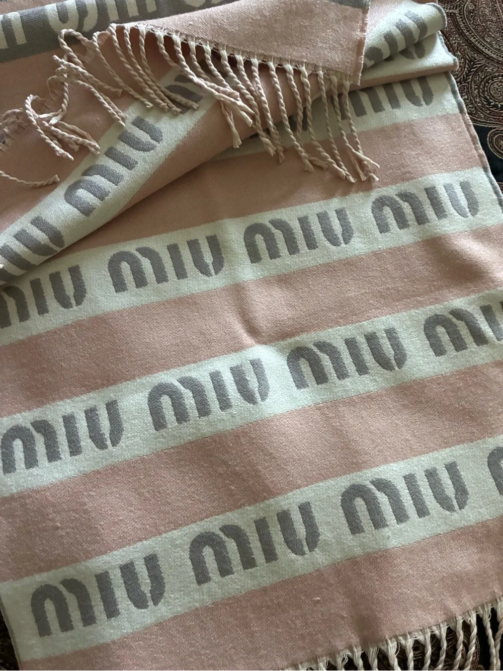 Miu Miu Blush Pink and Ivory Logo Stripe Scarf